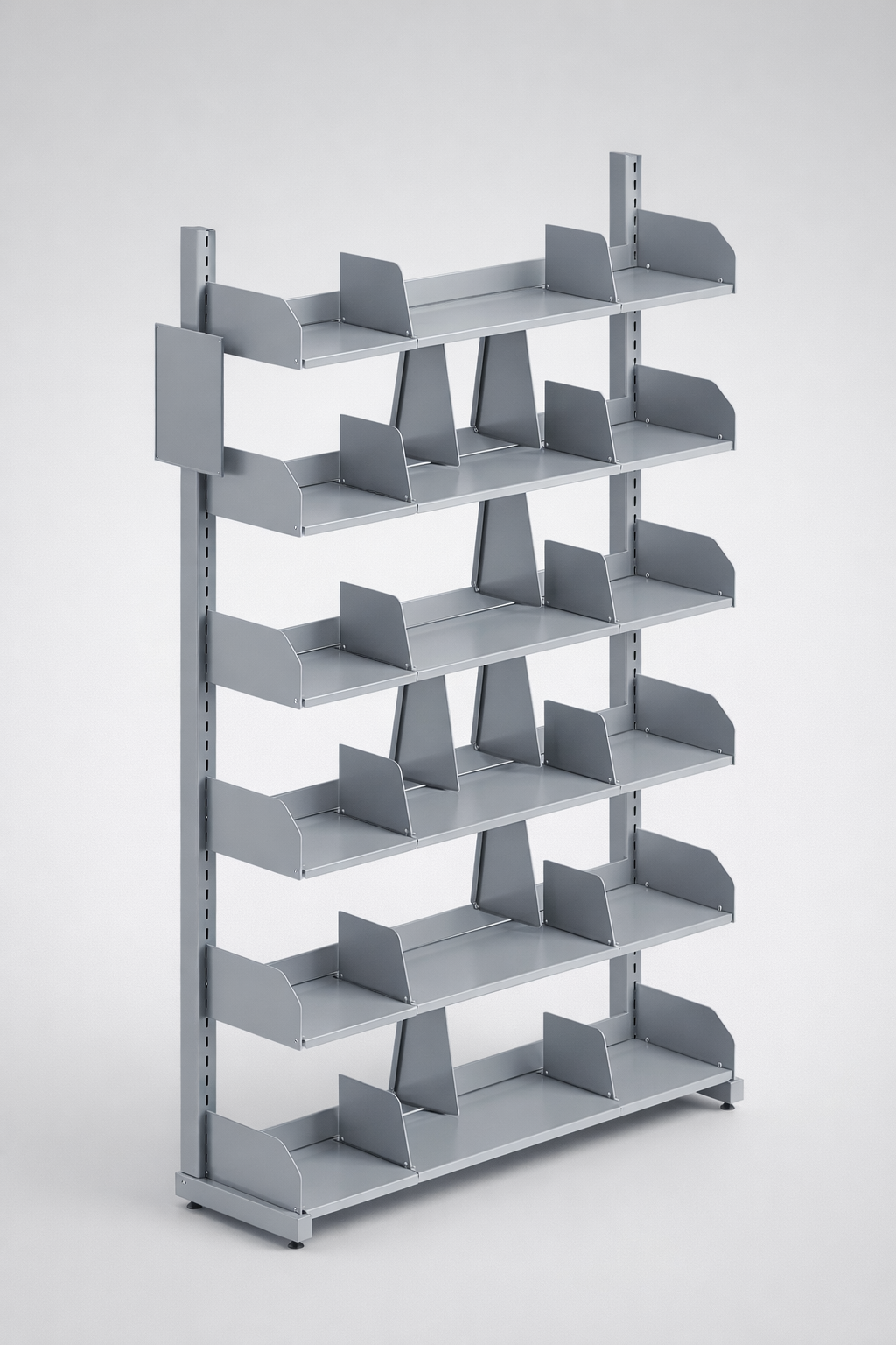 Regały biblioteczne RMB — Rodzina regałów bibliotecznych jednostronnych i dwustronnych dla bibliotek, czytelni, mediatek i przestrzeni edukacyjnych, które potrzebują trwałej metalowej konstrukcji oraz logicznego podziału półek.