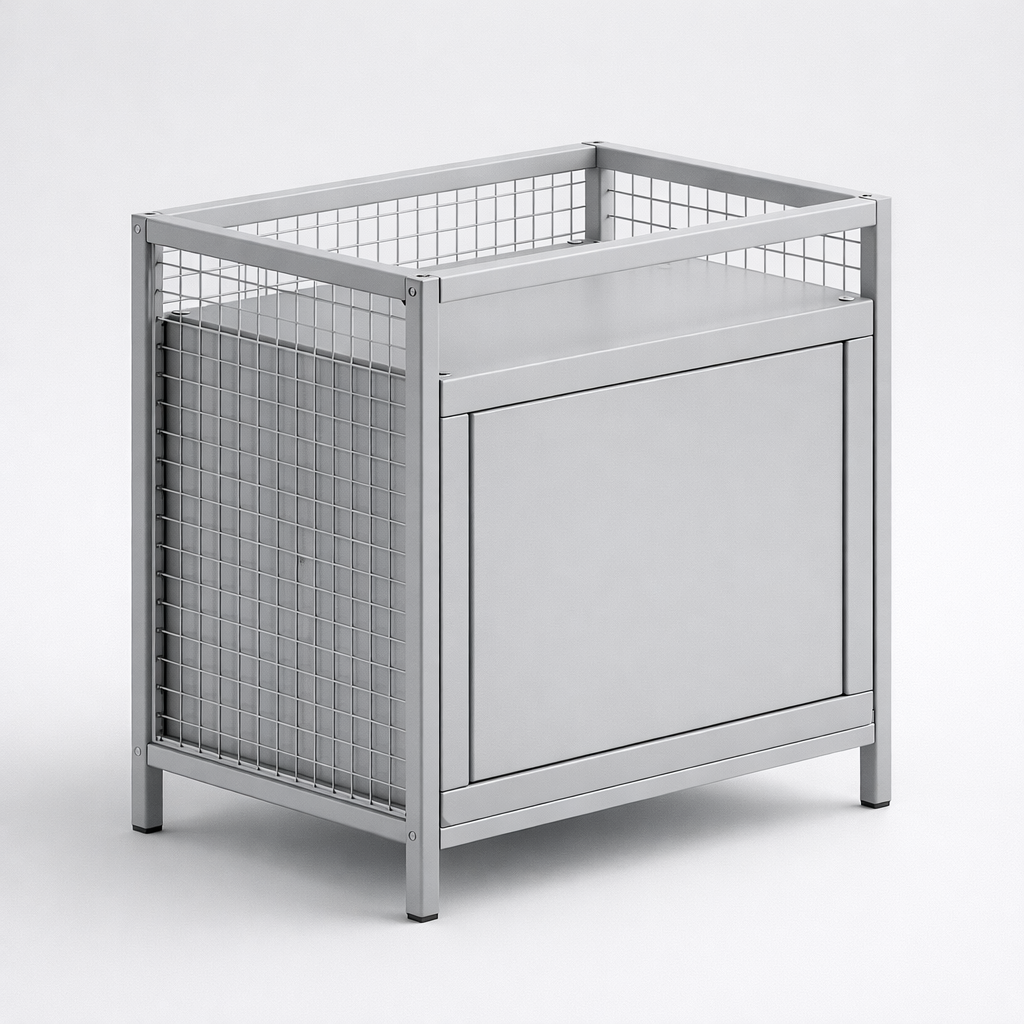 Zestaw mebli LOV — Rodzina zestawów mebli LOV do wnętrz mieszkalnych, apartamentów pracowniczych i stref wspólnych, gdzie liczy się metalowa trwałość, ekspozycja zawartości i logiczne połączenie półotwartej zabudowy z zamkniętym schowkiem.